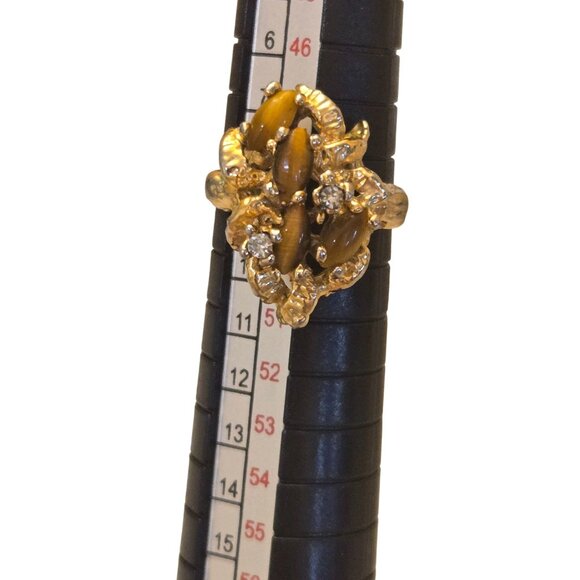 Vintage Gold Cluster Ring Tigers Eye Rhinestones Size 5  Statement - Picture 6 of 6